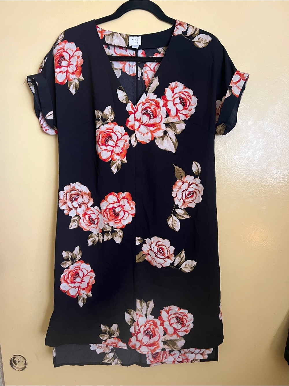 Women's Black Midi Dress with Pink Floral Print